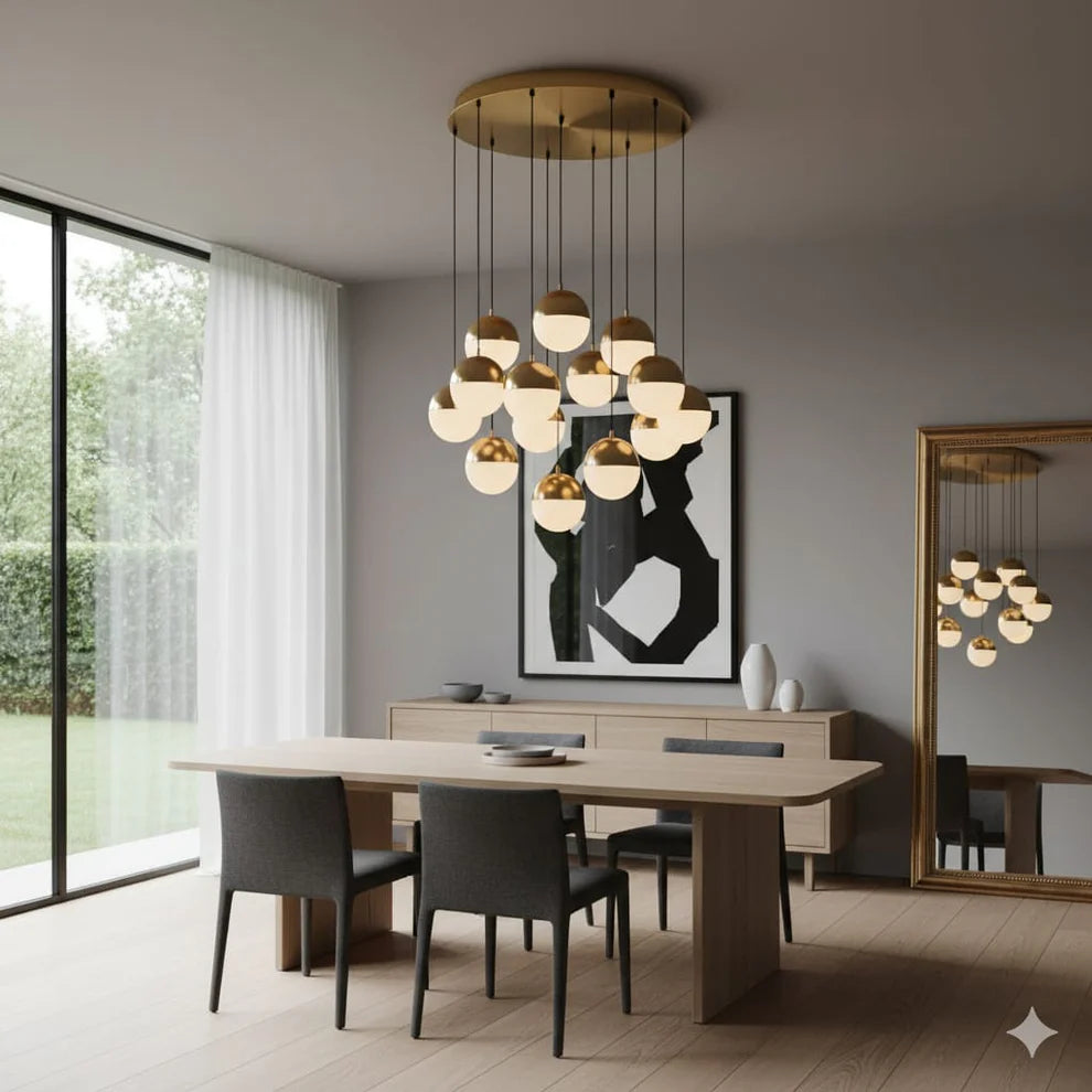 14-Lights Modern Gold & Frosted Globe Lobby Chandelier