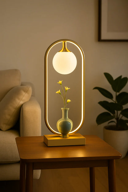 Modern Golden Globe Table Lamp – Minimalist Luxury Lighting with Integrated Vase