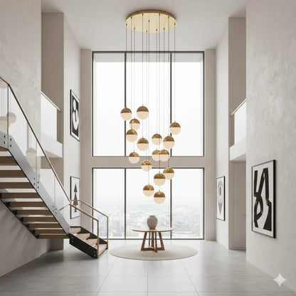 14-Lights Modern Gold & Frosted Globe Lobby Chandelier